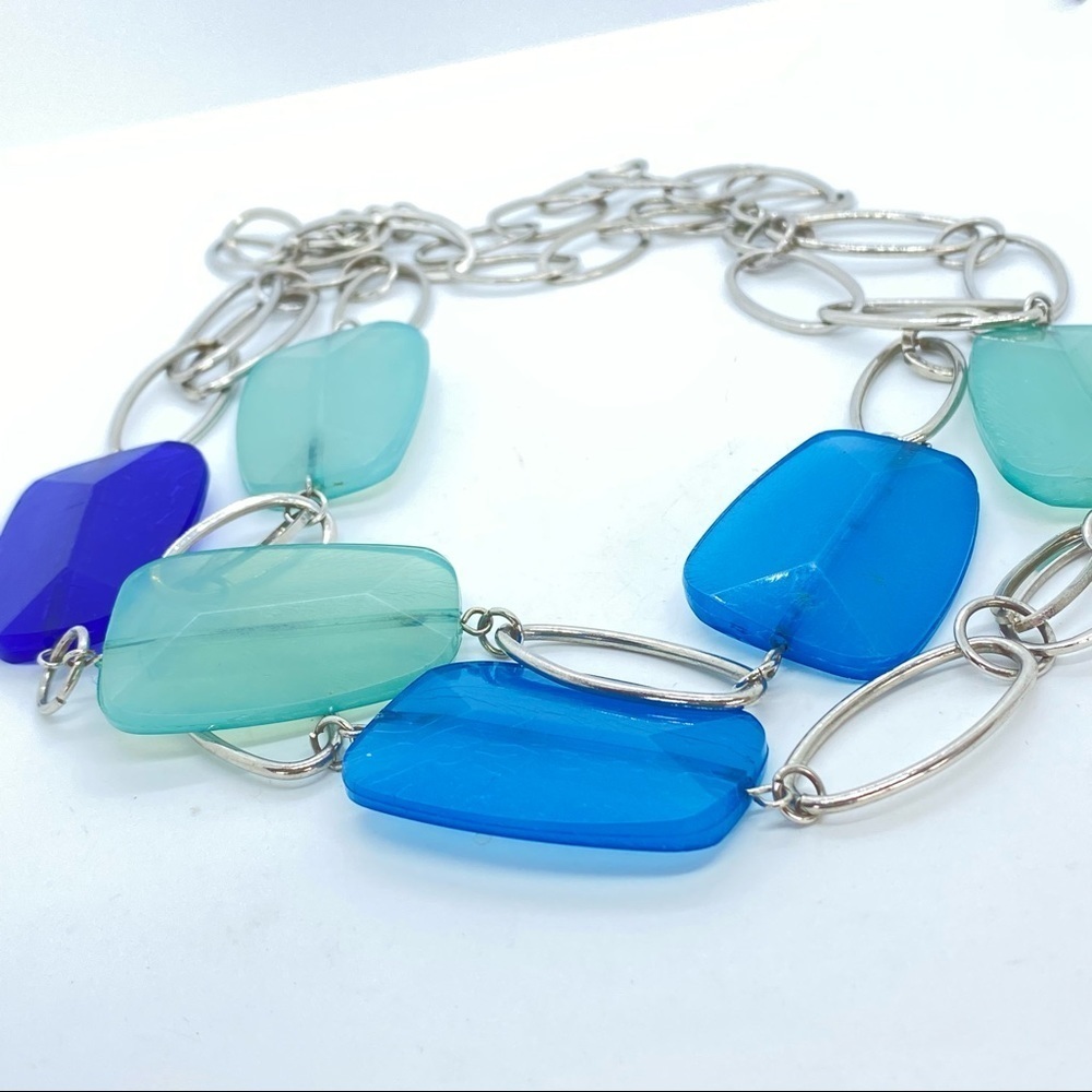 Long Blue Green Silvertone Link Necklace